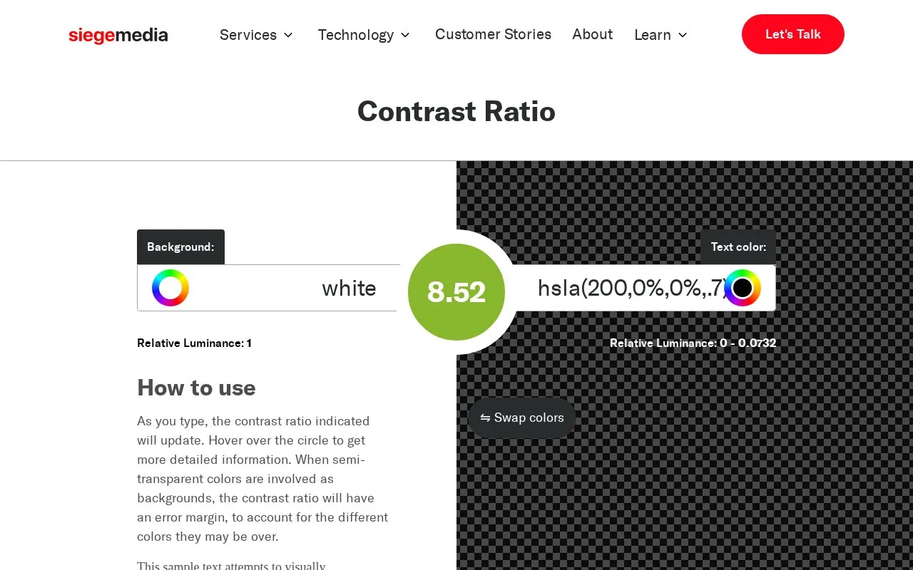 Screenshot of the Contrast Ratio homepage