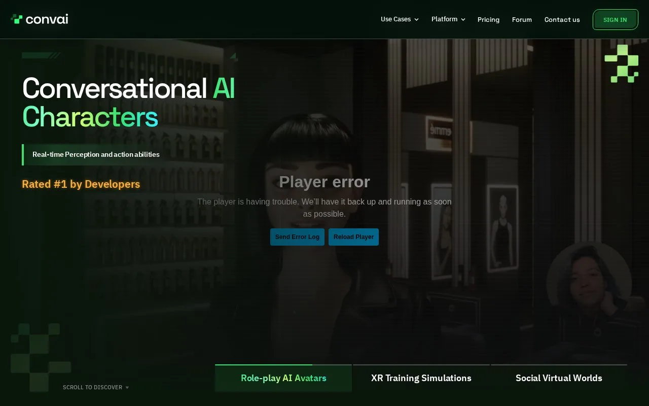 Screenshot of the Convai homepage