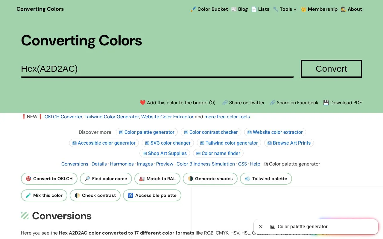Screenshot of the Converting Colors homepage