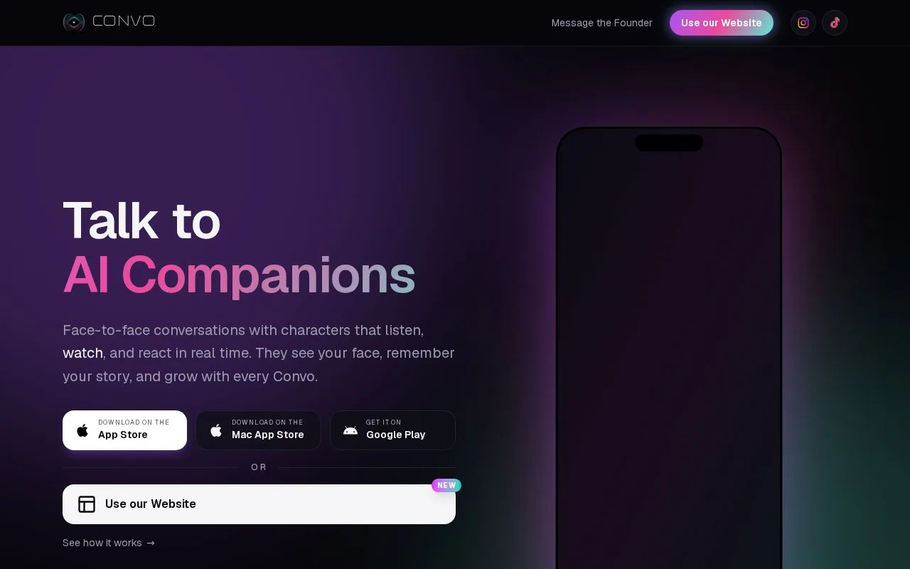 Screenshot of the Convo homepage