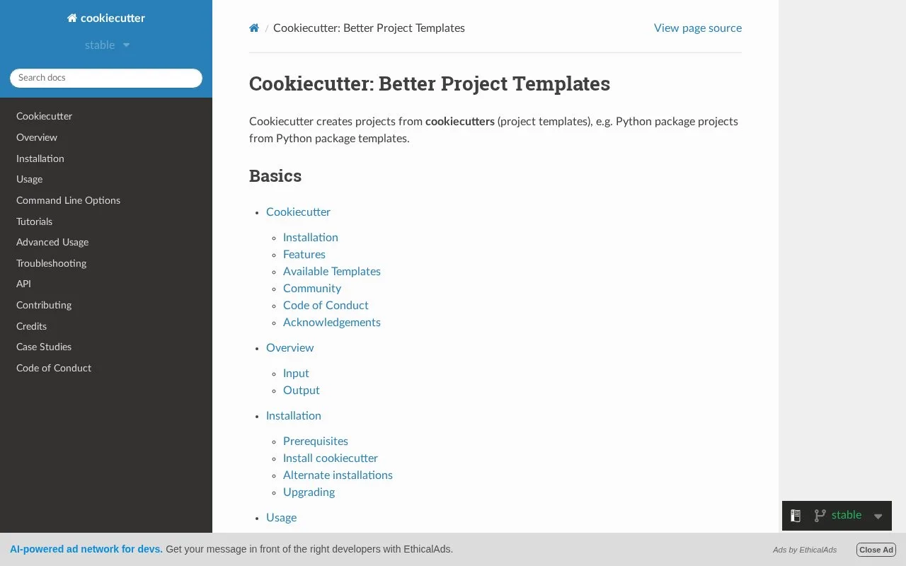 Screenshot of the Cookiecutter homepage