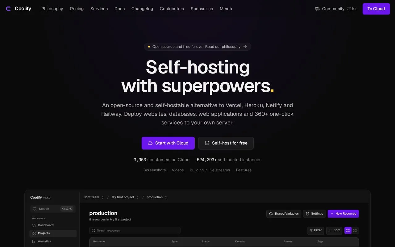 Screenshot of the Coolify homepage