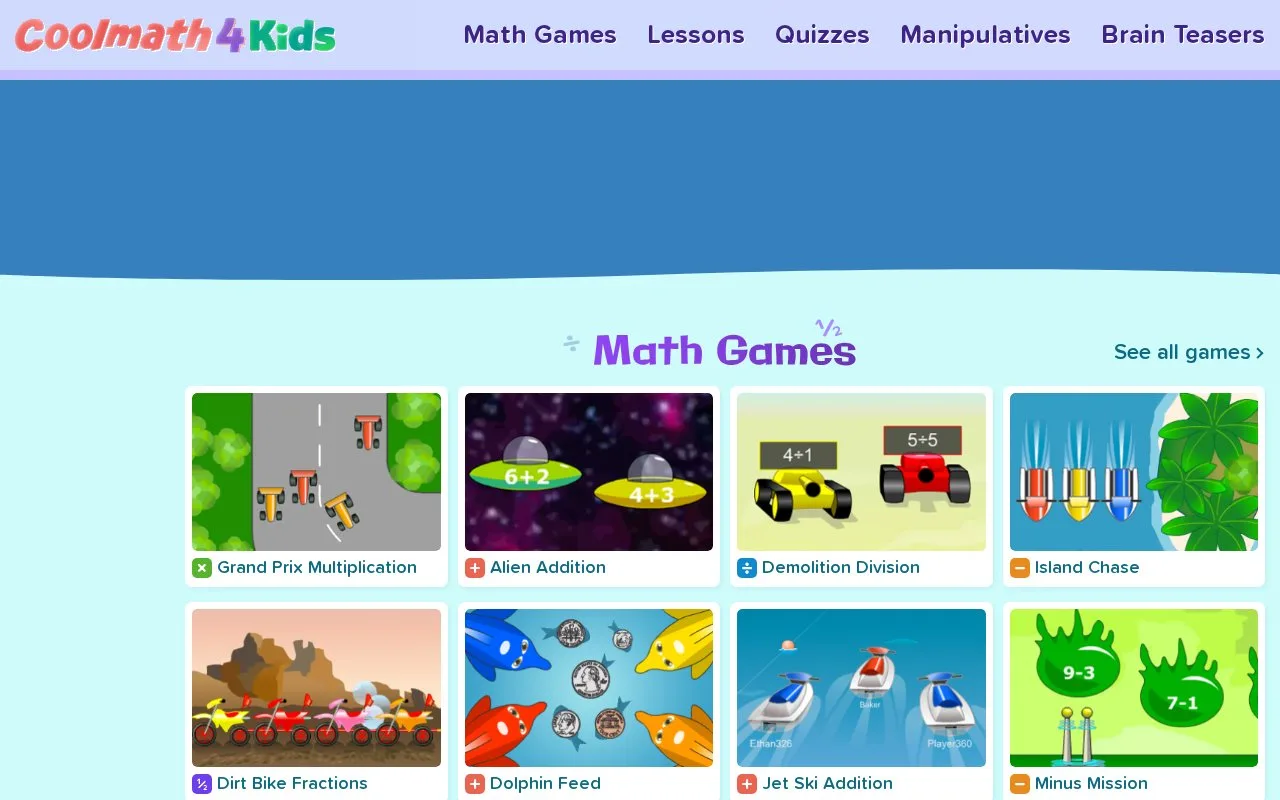 Screenshot of the CoolMath4Kids homepage