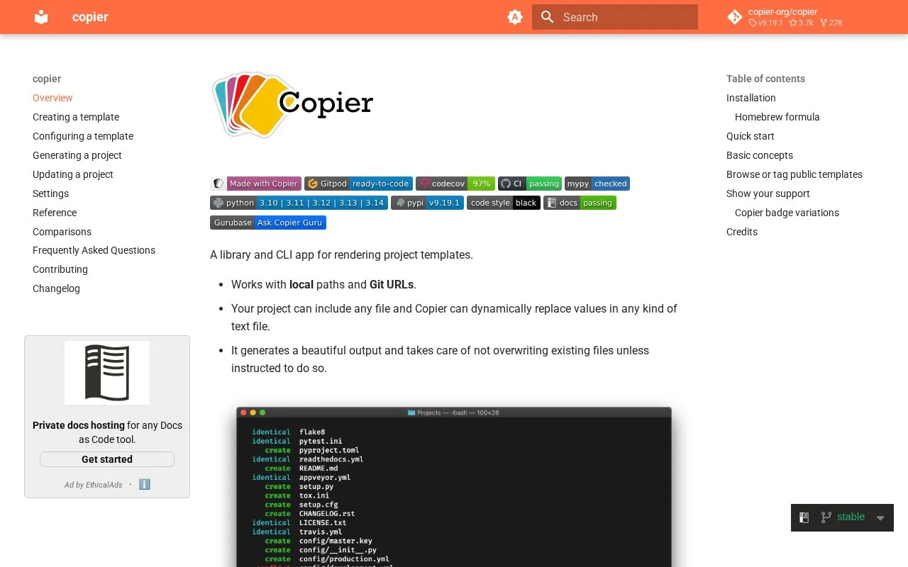 Screenshot of the Copier homepage
