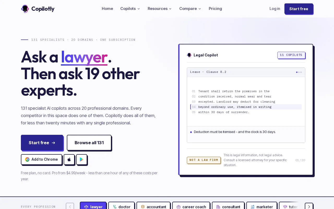 Screenshot of the Copilotly homepage