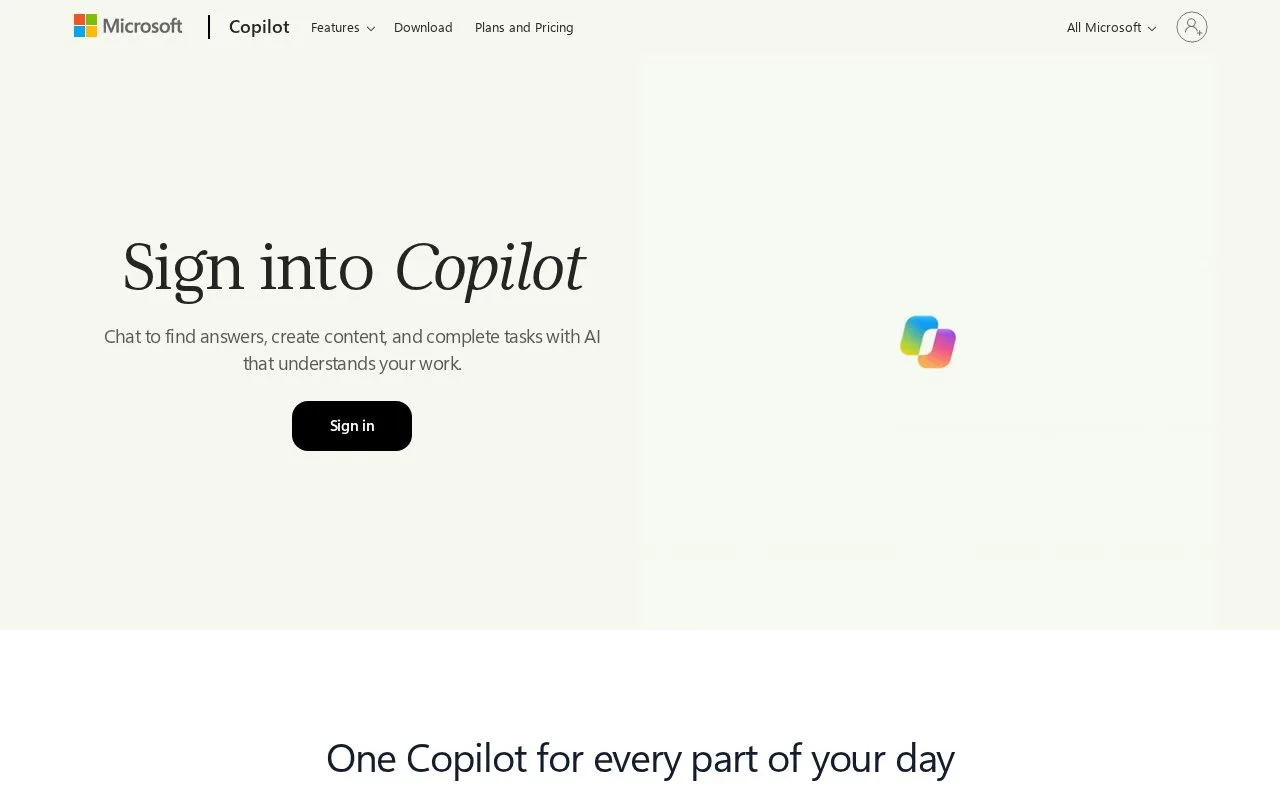 Screenshot of the Microsoft Copilot homepage