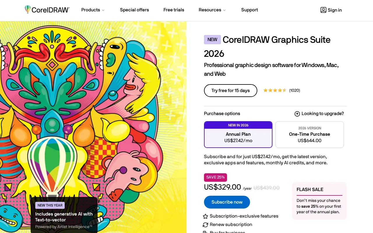 Screenshot of the CorelDRAW Graphics Suite homepage