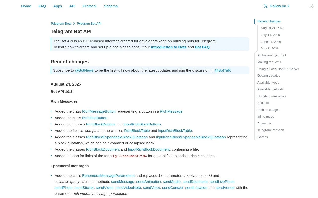 Screenshot of the Telegram Bot API homepage