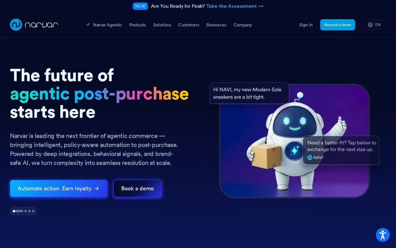 Screenshot of the Narvar homepage