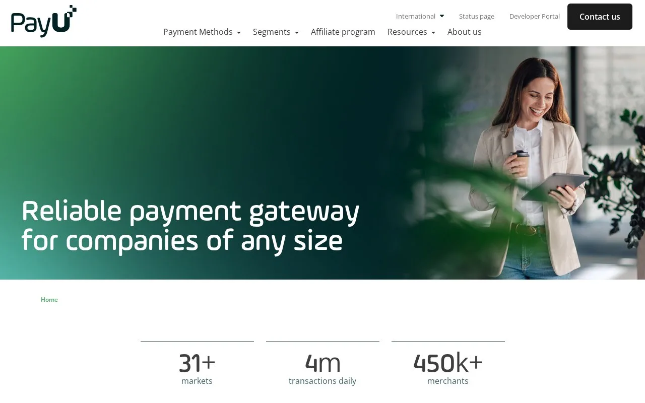 Screenshot of the PayU homepage