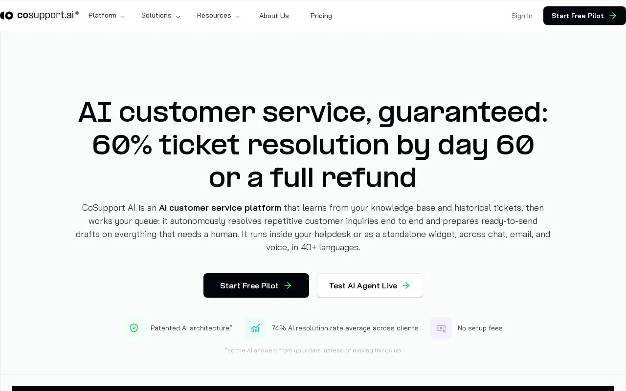 Screenshot of the CoSupport AI homepage