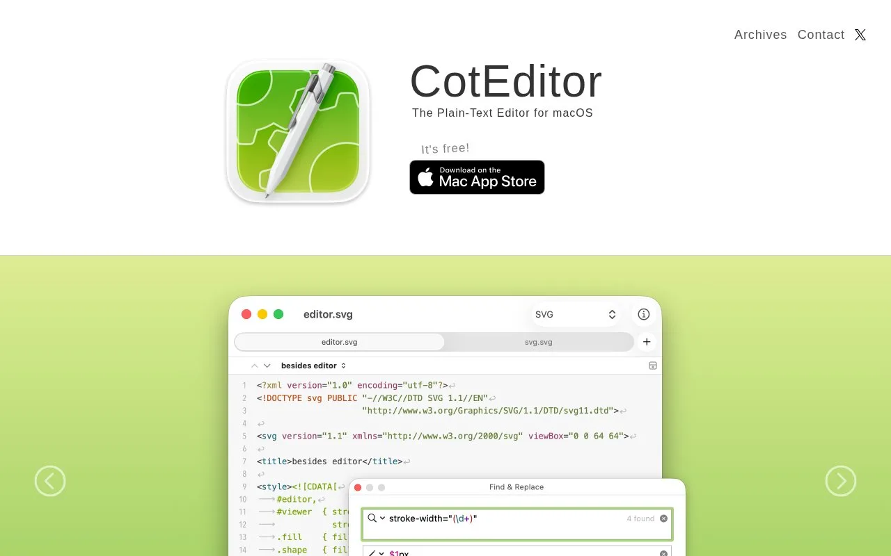 Screenshot of the CotEditor homepage
