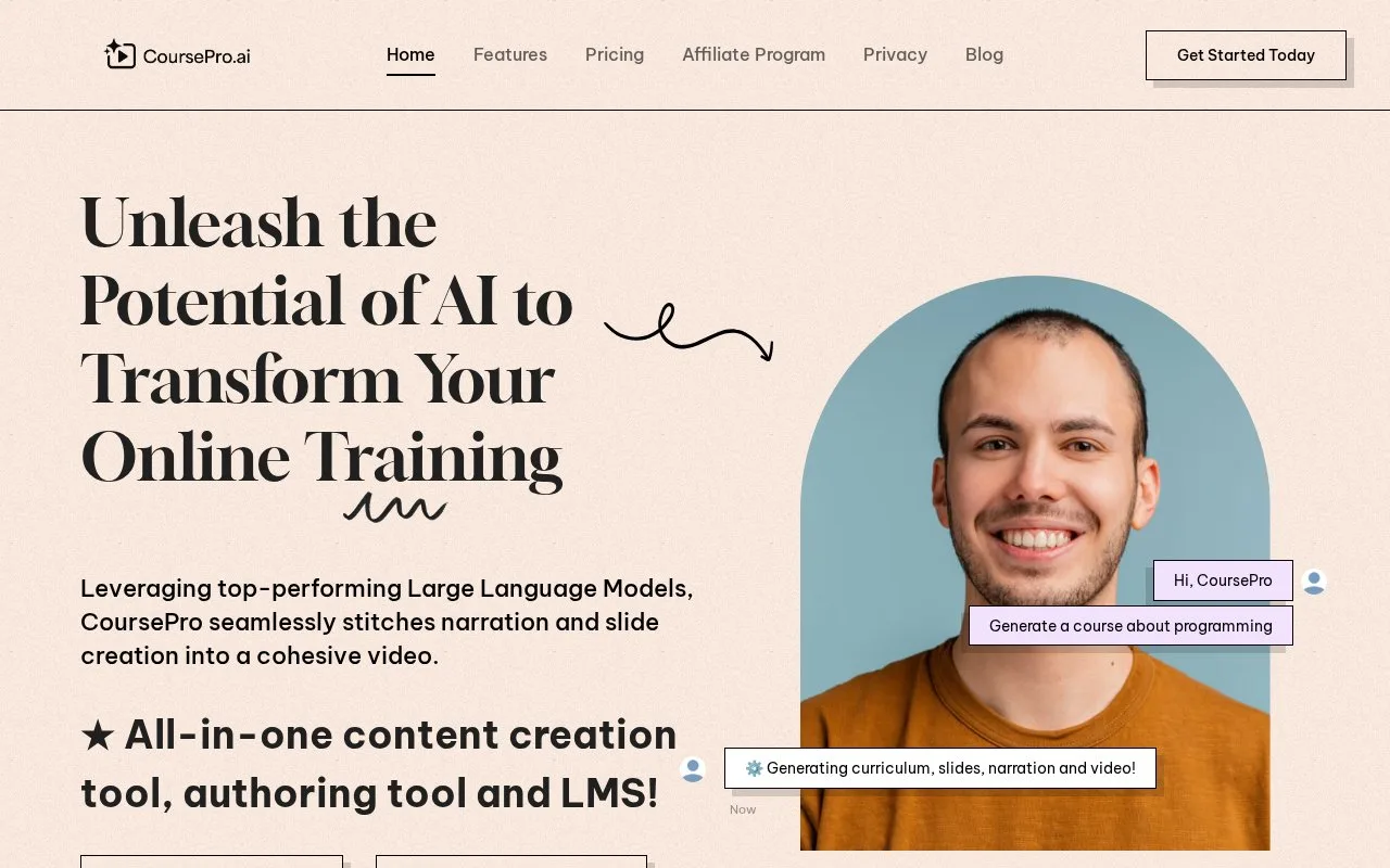 Screenshot of the CoursePro.AI homepage