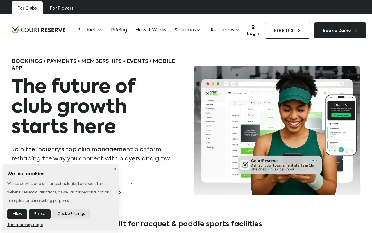 Screenshot of the CourtReserve homepage