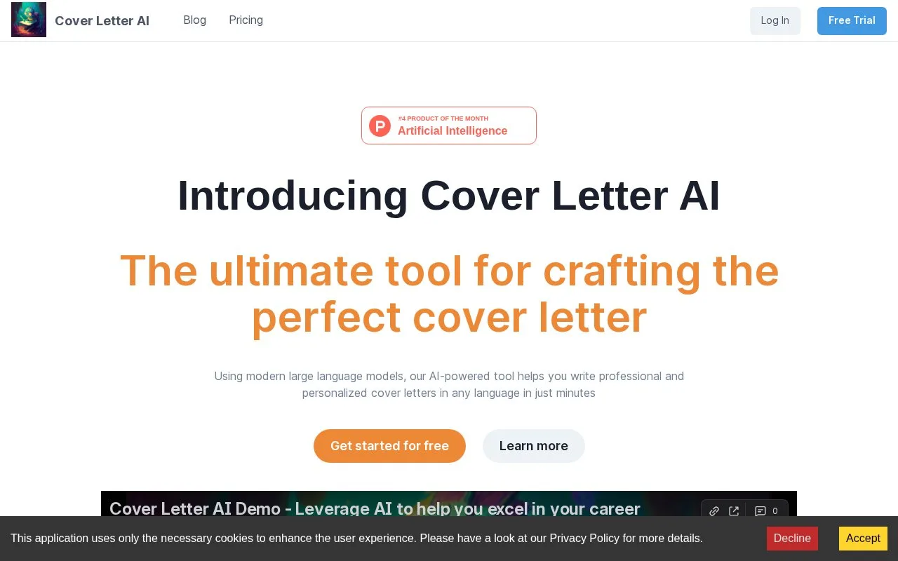 Screenshot of the Cover Letter AI homepage