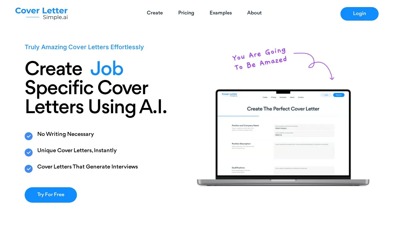 Screenshot of the CoverLetterSimple.ai homepage