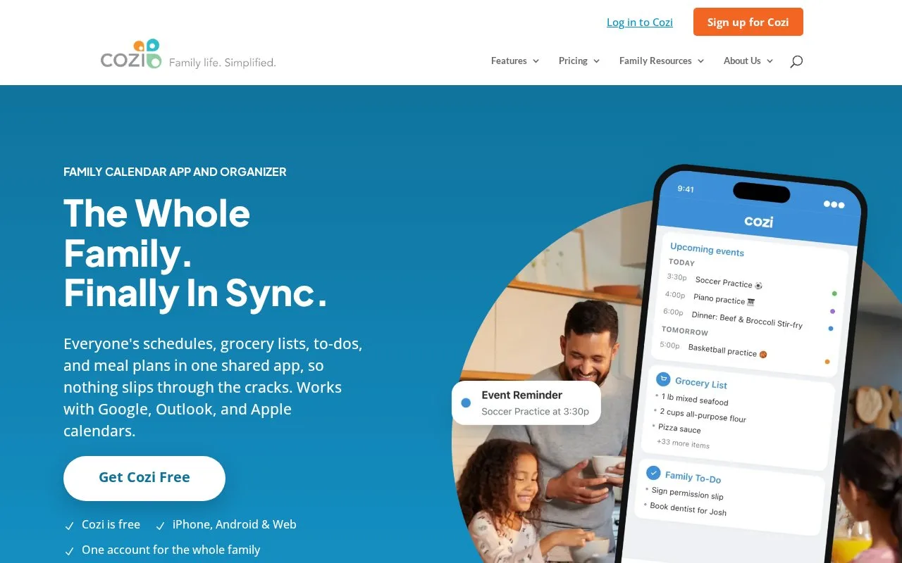 Screenshot of the Cozi Family Organizer homepage