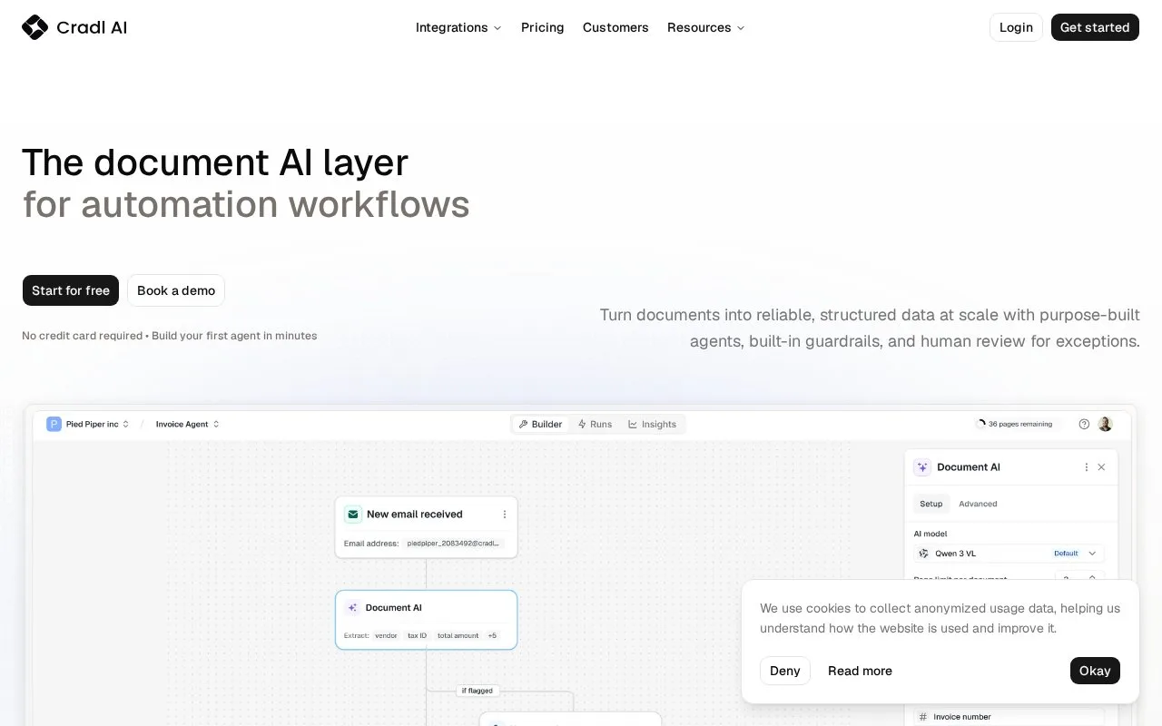 Screenshot of the Cradl AI homepage