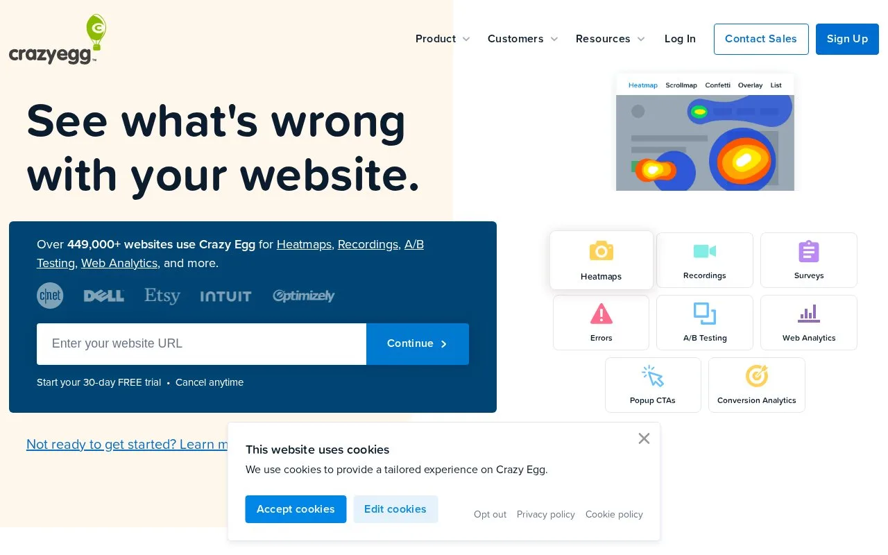 Screenshot of the Crazy Egg homepage
