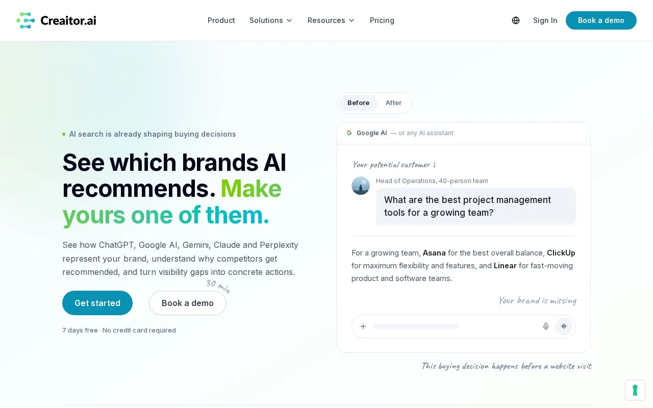 Screenshot of the Creaitor homepage