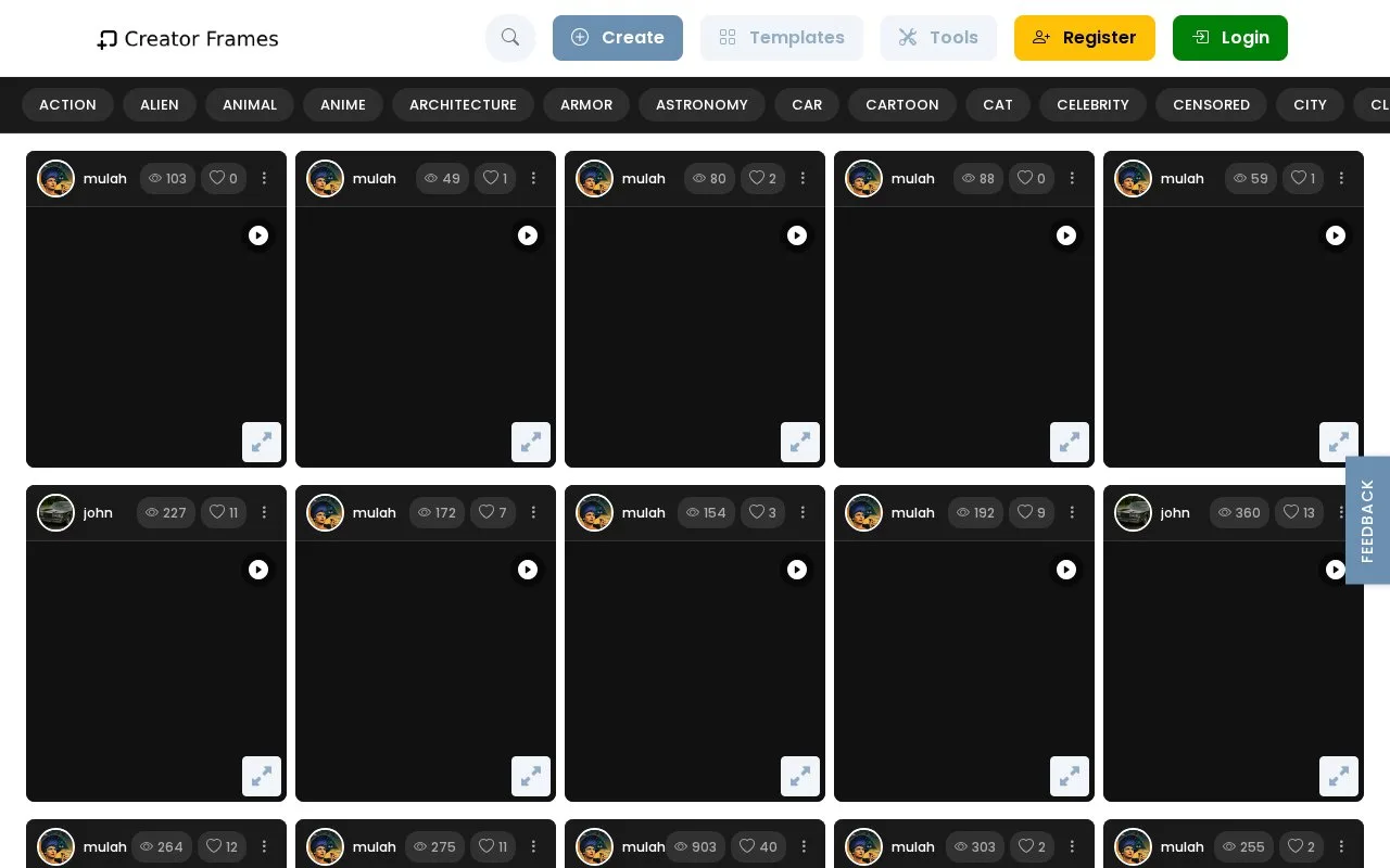 Screenshot of the CreatorFrames homepage