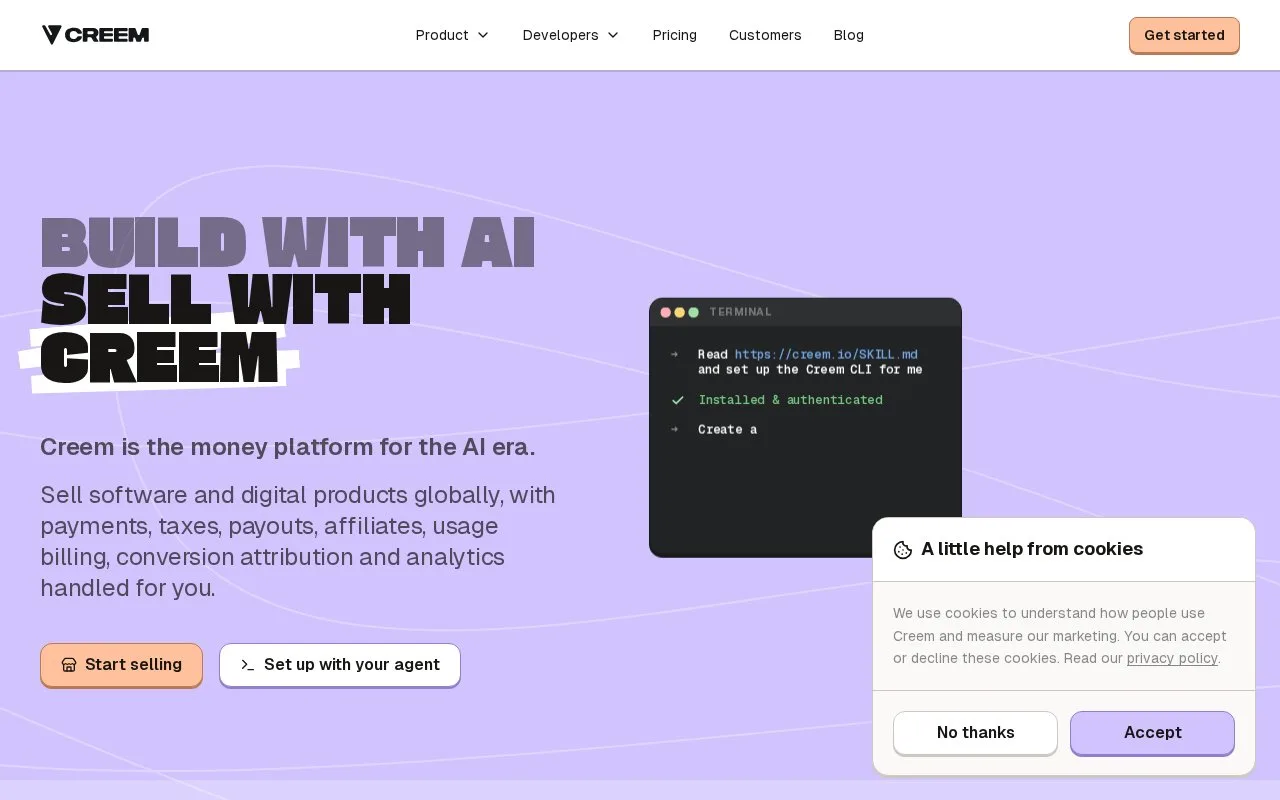 Screenshot of the Creem homepage