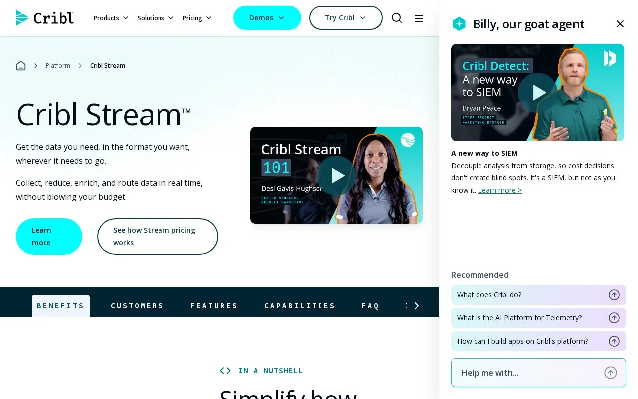 Screenshot of the Cribl Stream homepage