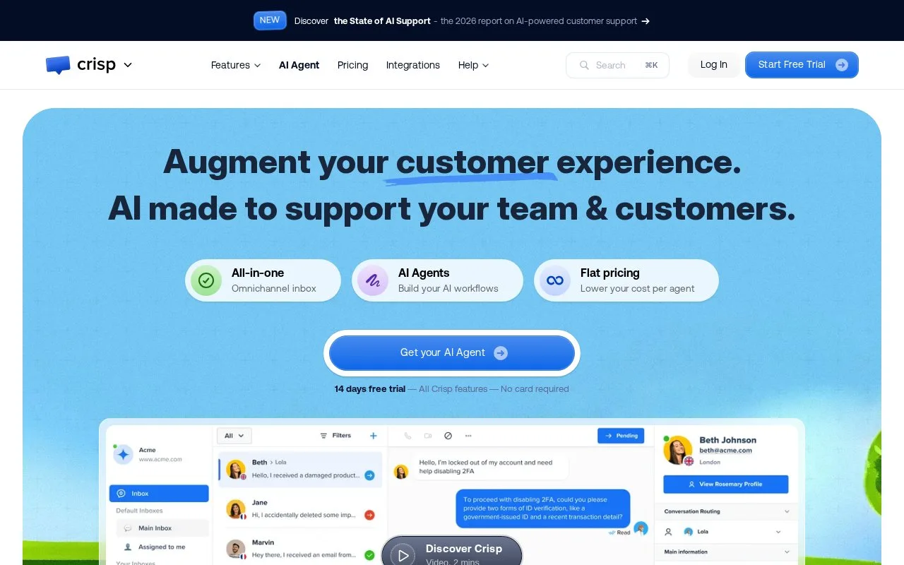 Screenshot of the Crisp homepage