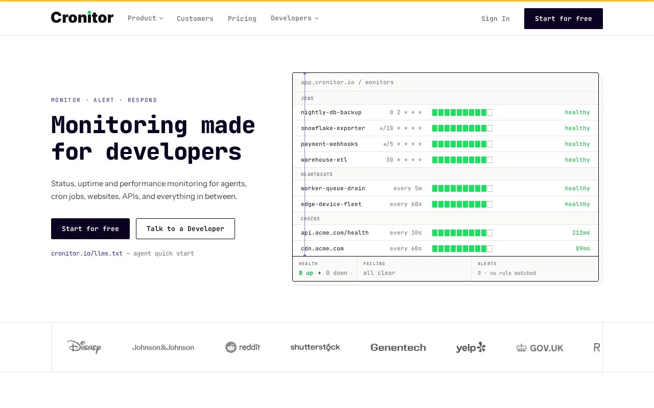 Screenshot of the Cronitor homepage