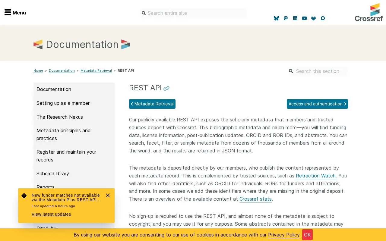 Screenshot of the Crossref REST API homepage