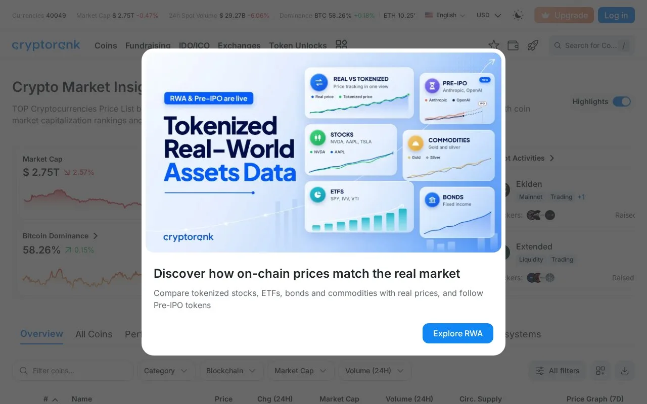 Screenshot of the CryptoRank homepage