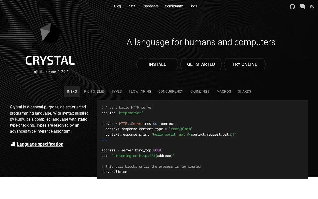 Screenshot of the Crystal homepage
