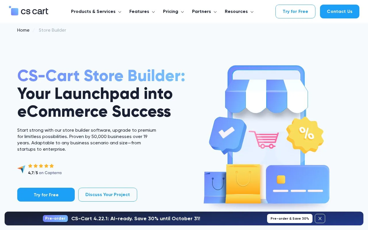 Screenshot of the CS-Cart Store Builder homepage