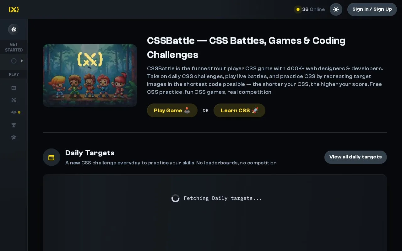 Screenshot of the CSSBattle homepage