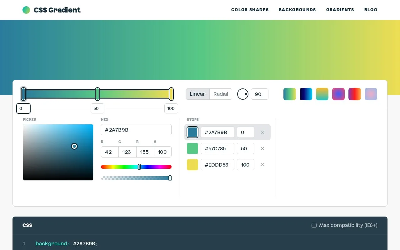 Screenshot of the CSS Gradient homepage