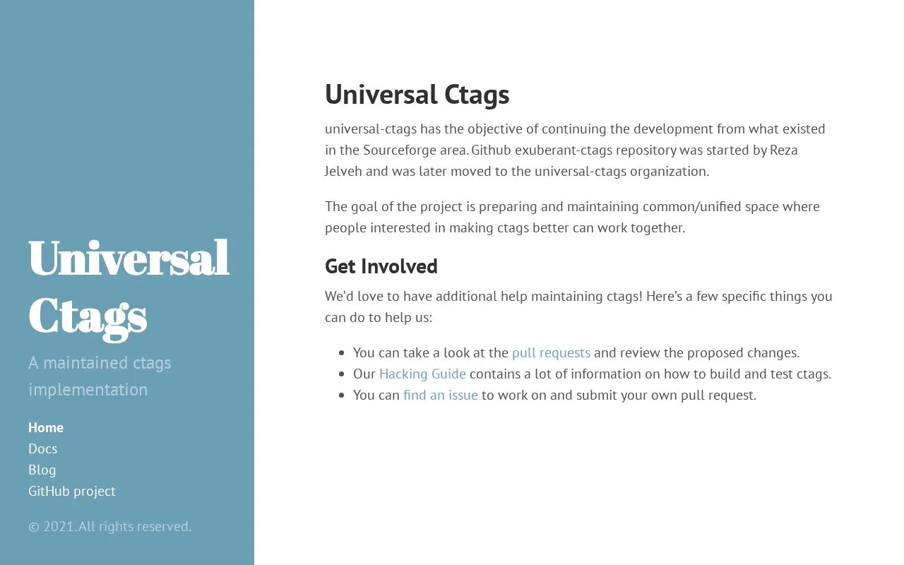 Screenshot of the Universal Ctags homepage