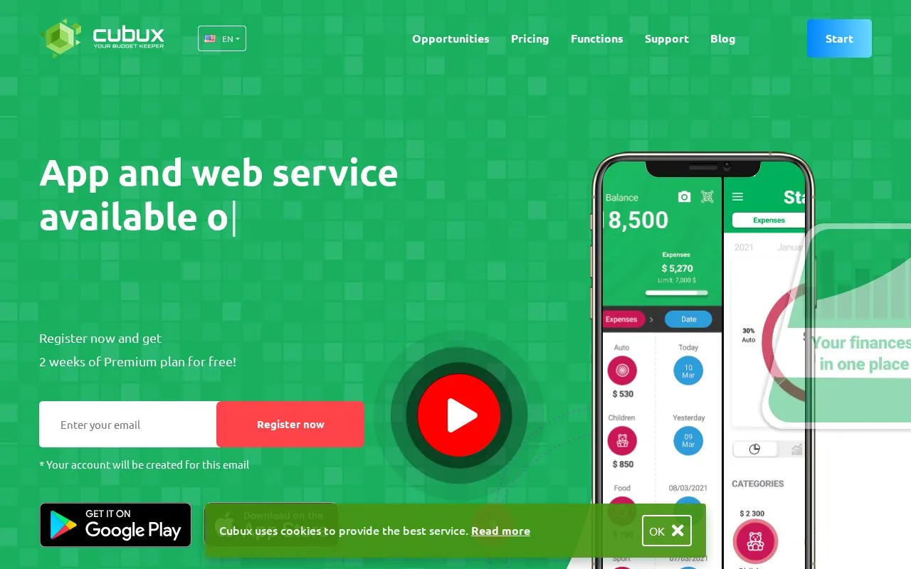 Screenshot of the Cubux homepage