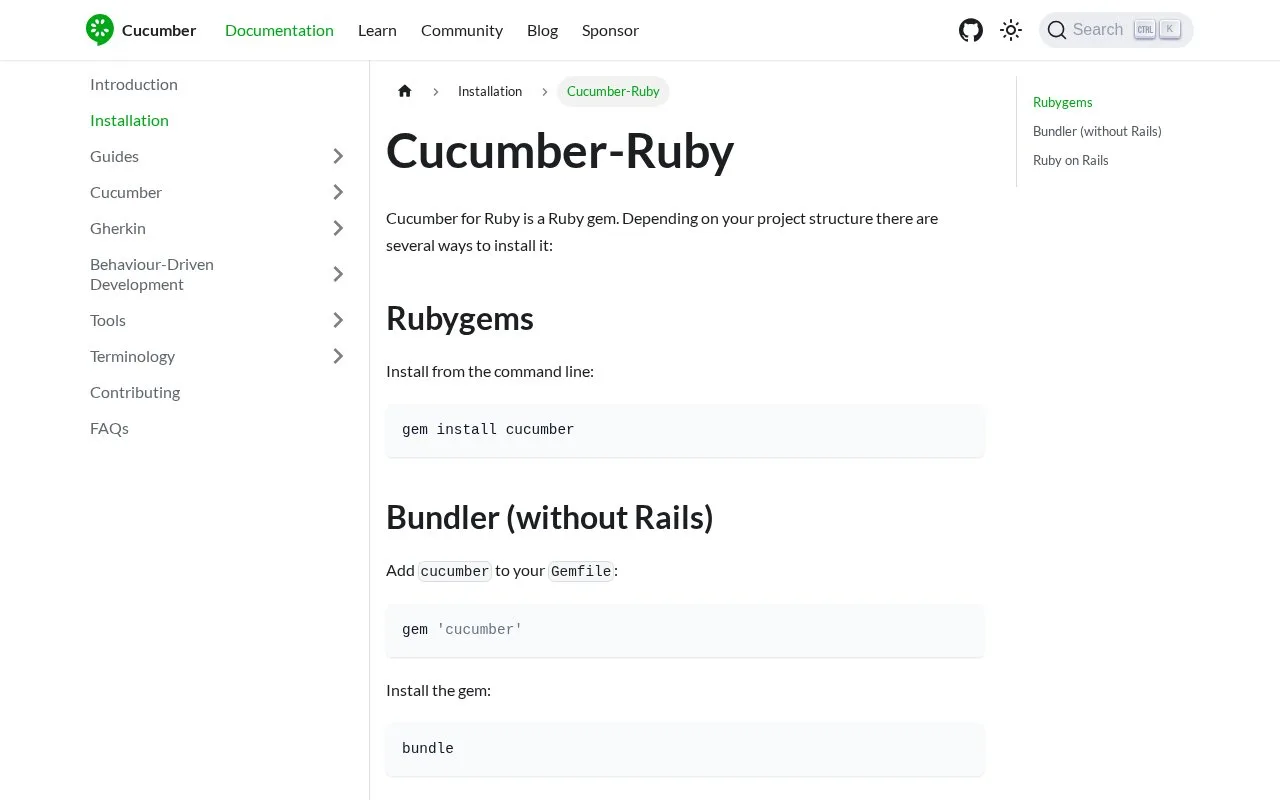 Screenshot of the Cucumber-Ruby homepage