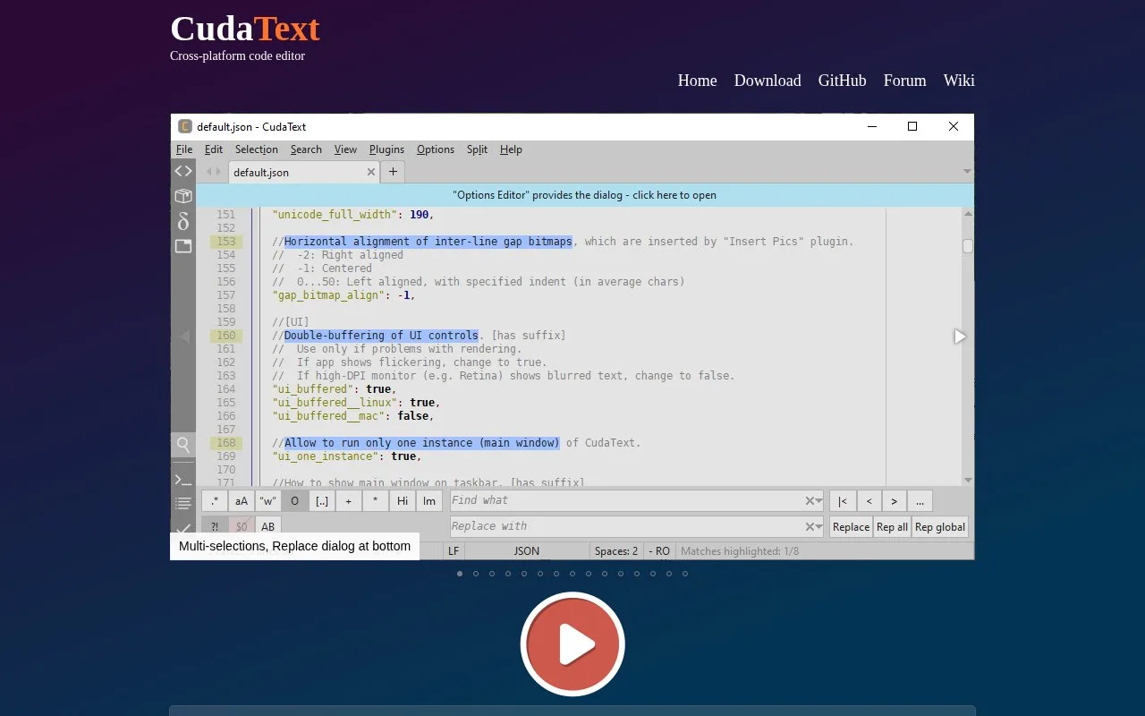 Screenshot of the CudaText homepage