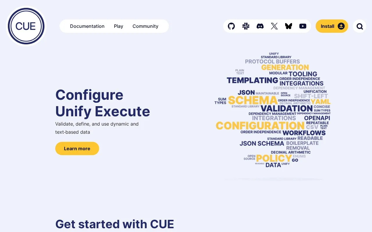 Screenshot of the CUE homepage