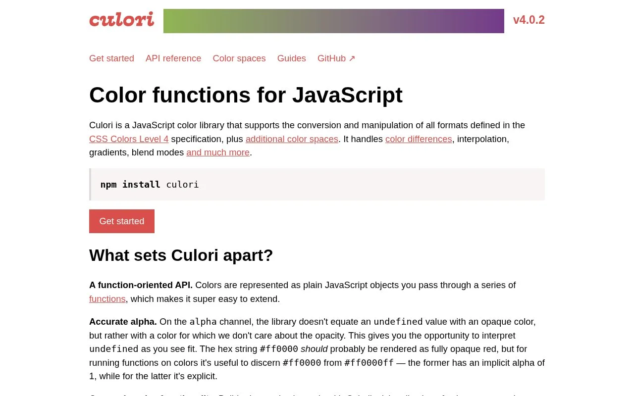 Screenshot of the Culori homepage
