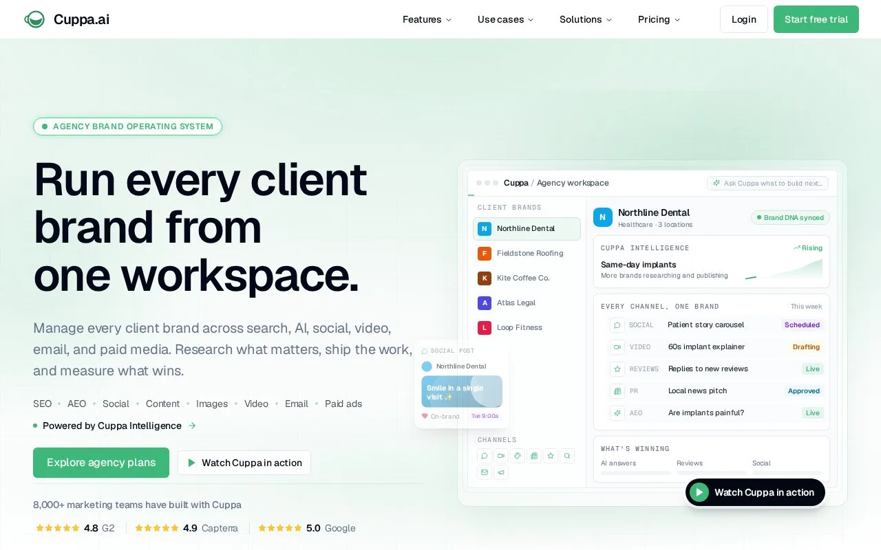 Screenshot of the Cuppa AI homepage