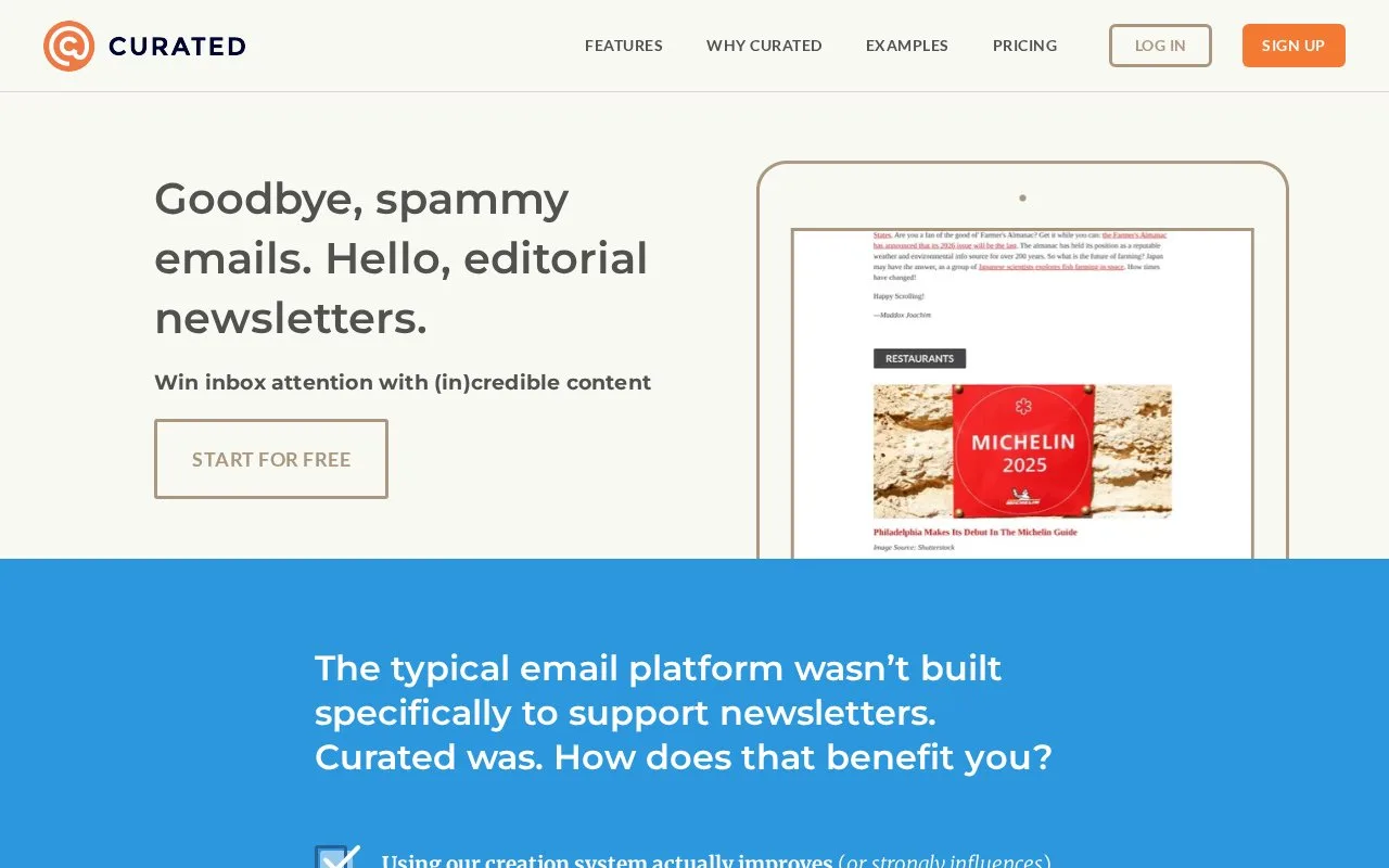 Screenshot of the Curated homepage