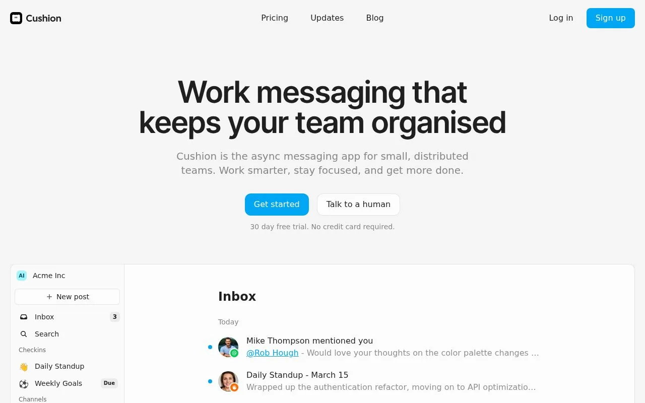 Screenshot of the Cushion homepage