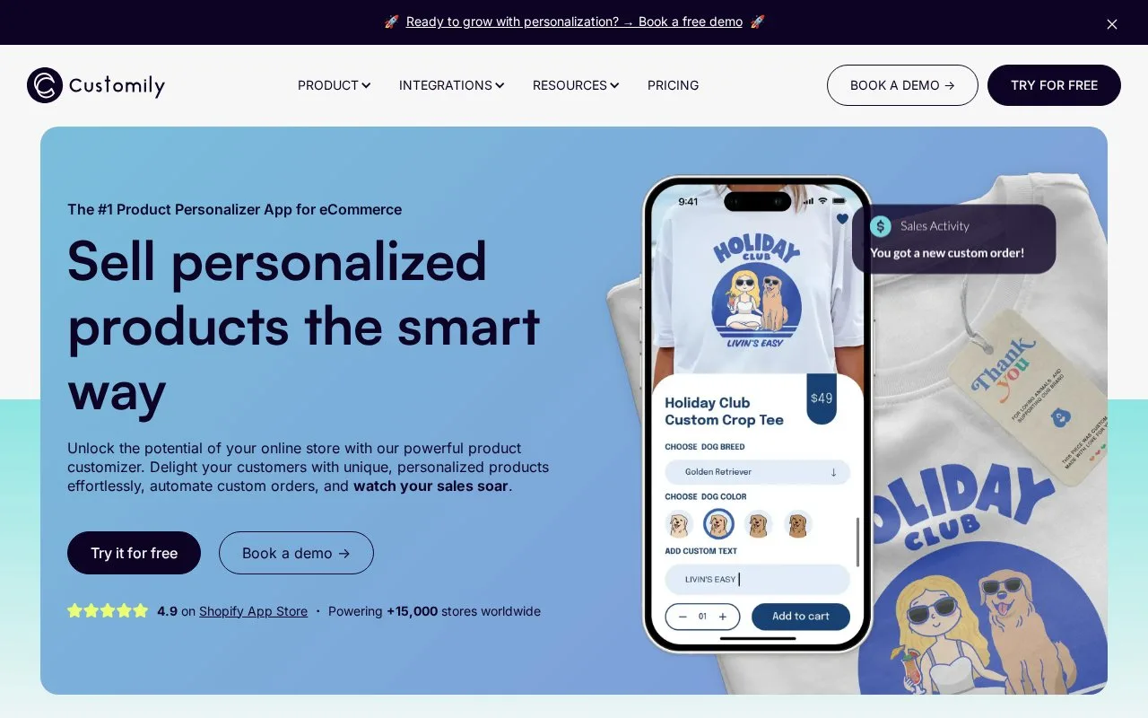 Screenshot of the Customily homepage