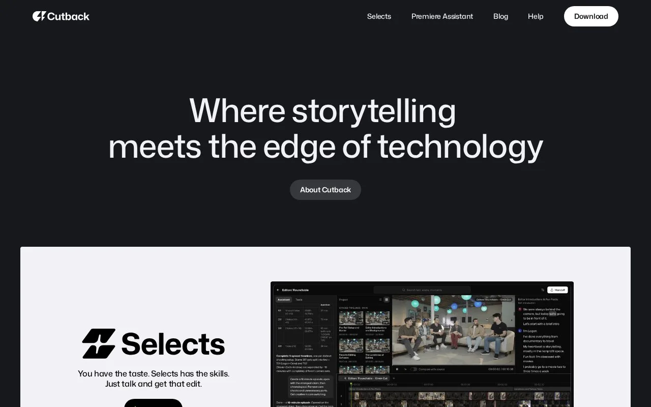 Screenshot of the Cutback homepage