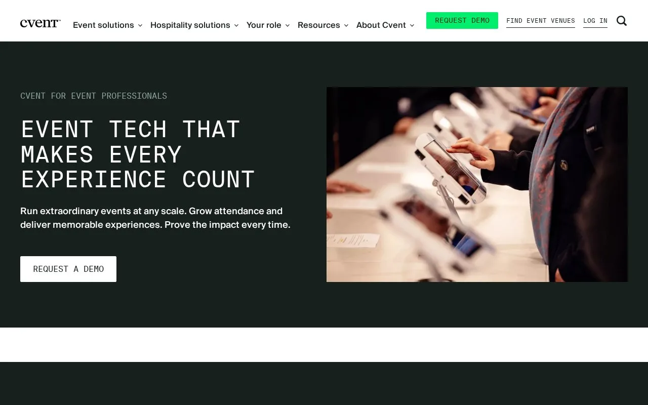 Screenshot of the Cvent homepage