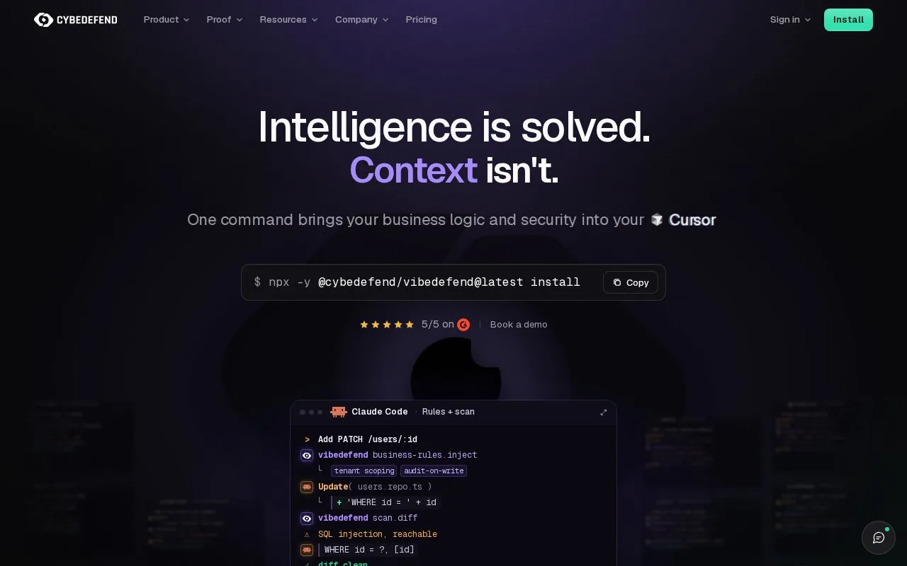 Screenshot of the CybeDefend homepage