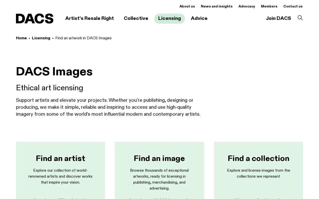Screenshot of the DACS Images homepage