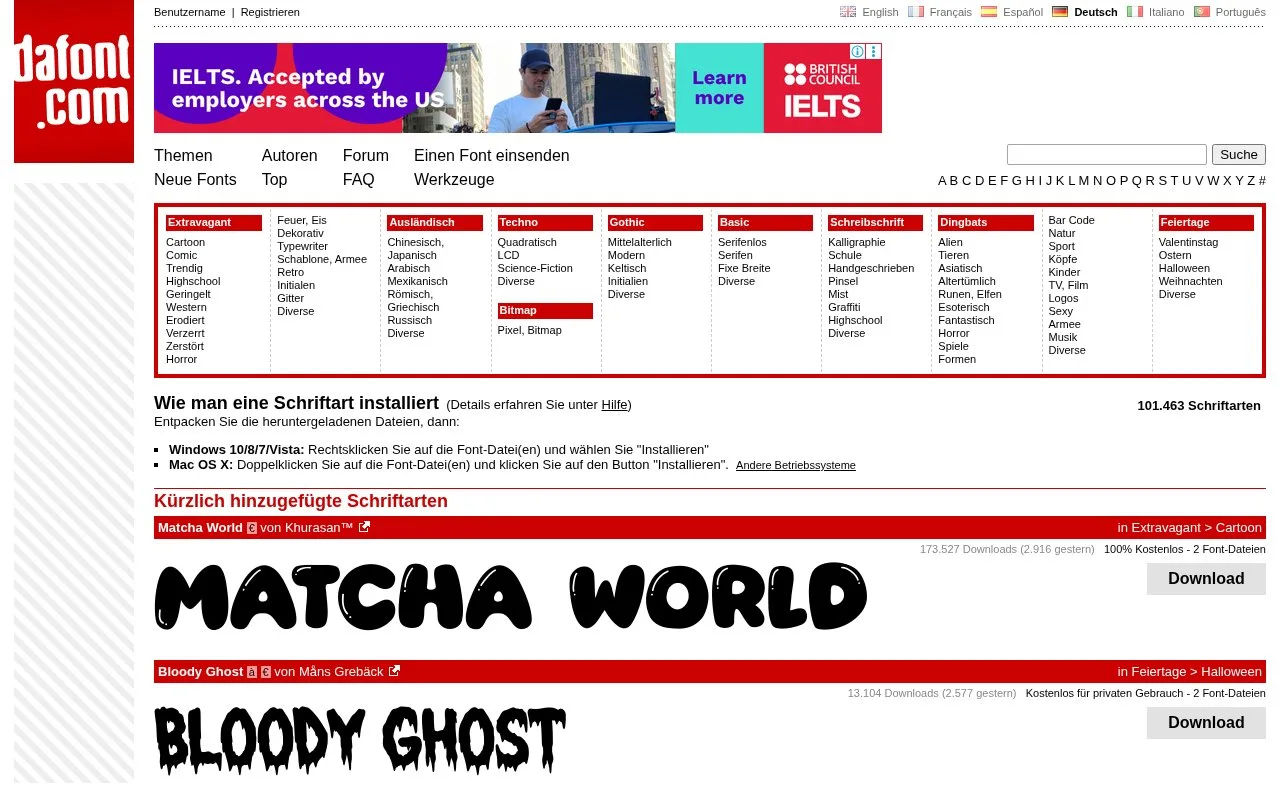 Screenshot of the DaFont homepage